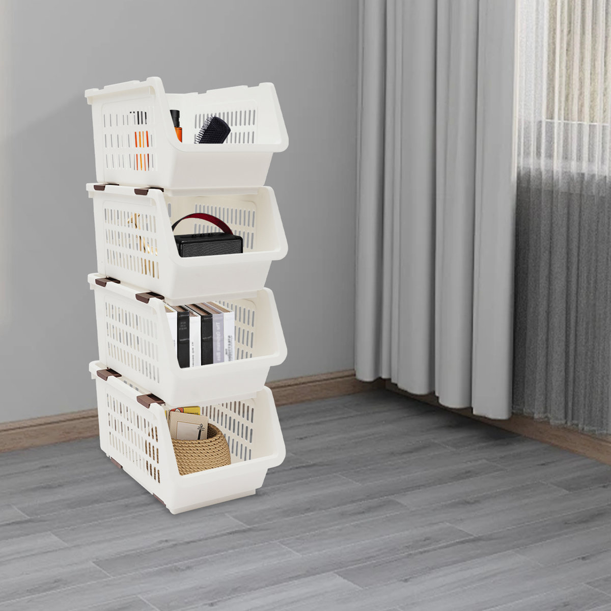 9.5" 4PCS Stacking Storage Baskets Rectangular Stackable Organizer Storage Bins Modern